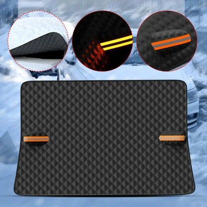 Windshield snow cover laid flat, with close-ups of the edge and the reflective mirror flaps
