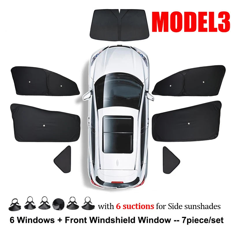 Sun Shades for Tesla Model 3 and Model Y 2021-2026 (Highland, Juniper), Side Window Shades with Suction Cups, Windshield and Full Sets