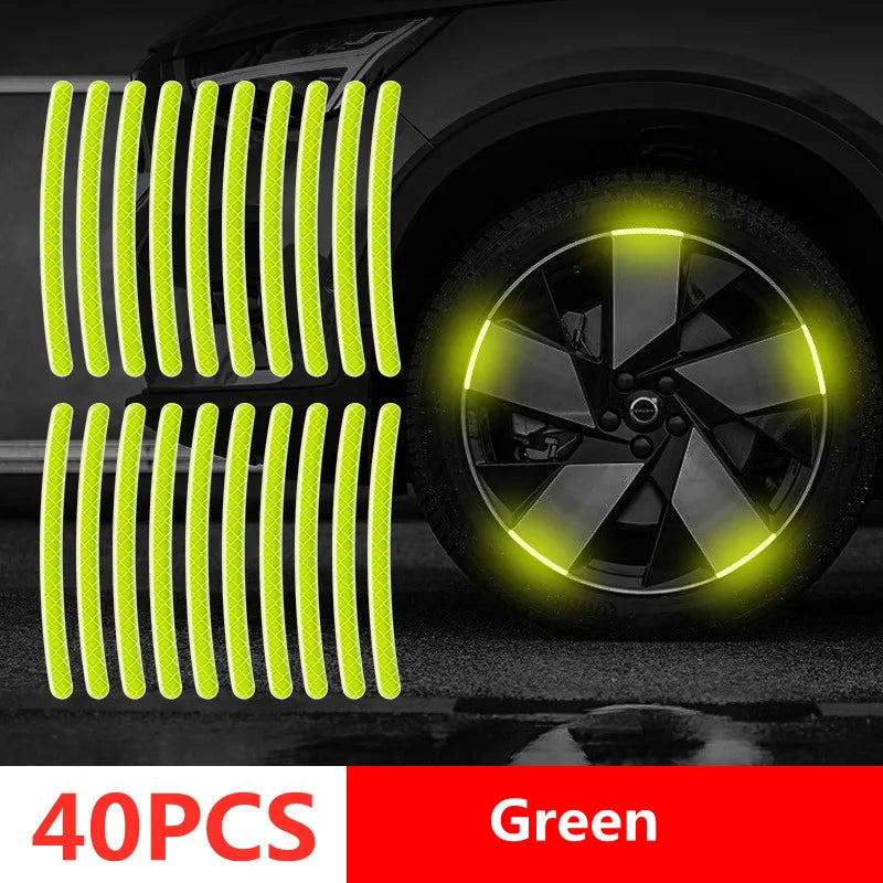 40 green reflective wheel rim strips and a wheel with them applied