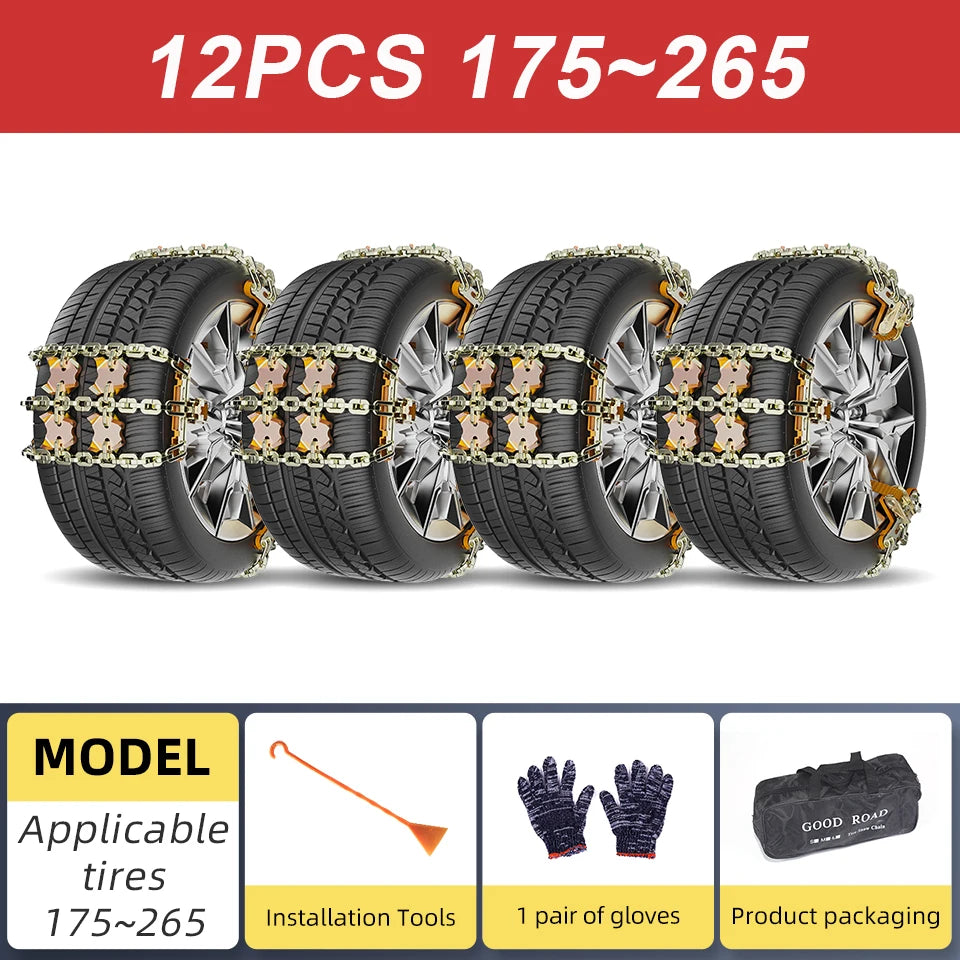 Set of 12 snow chain straps with installation tool, gloves and storage bag
