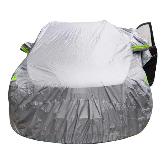 Two-tone silver car cover with reflective strips on an SUV, front view