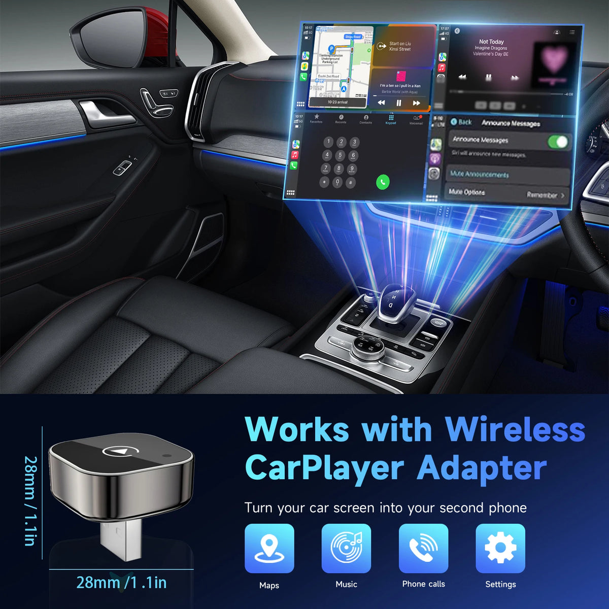 Wireless adapter plugged into a car USB port with CarPlay on the dashboard screen