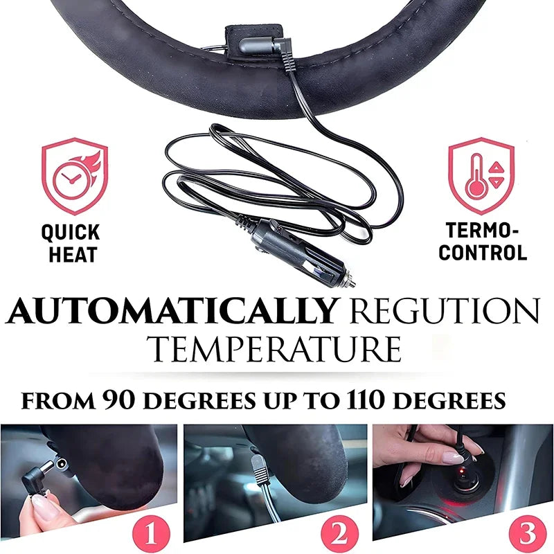 Heated Steering Wheel Cover for 14.5 to 15 Inch Wheels, 12V Plush Steering Wheel Warmer with Cigarette Lighter Plug, 1, 3, 5 or 10 Pack