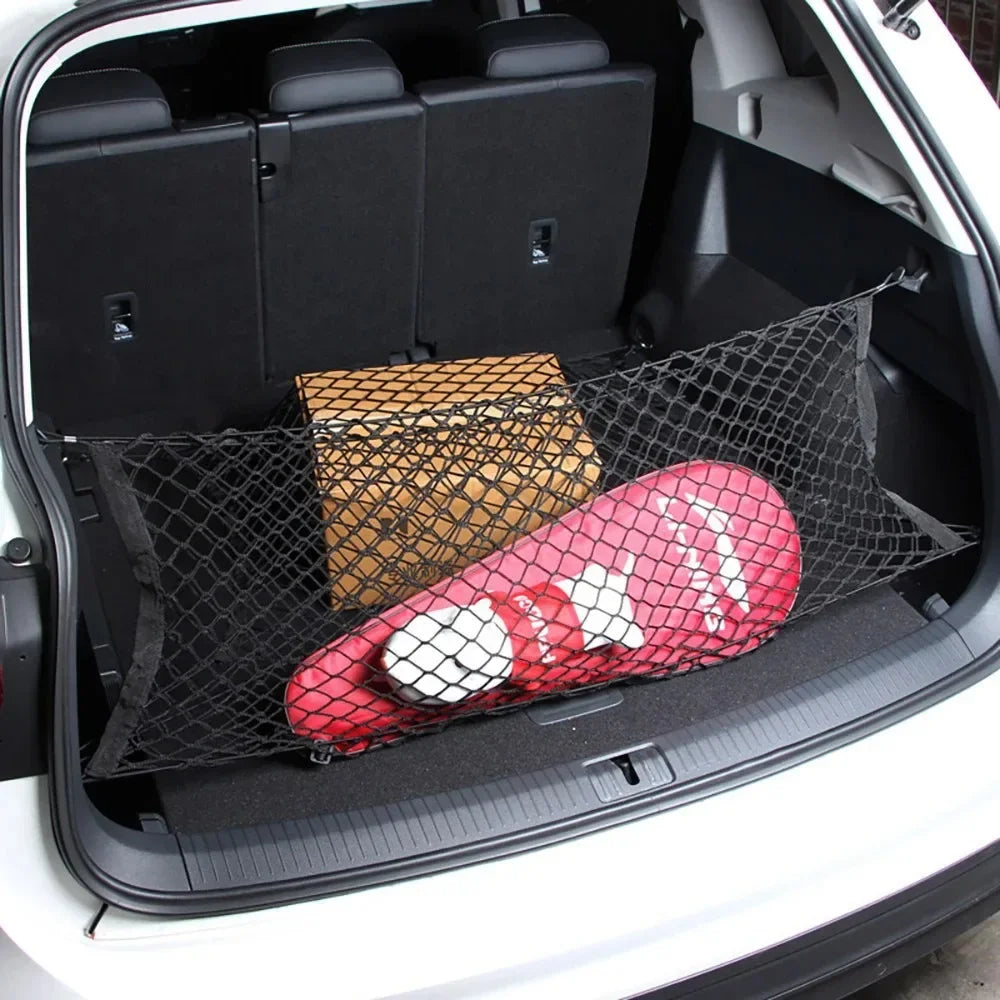 Elastic Nylon Mesh Trunk Cargo Net with 4 Plastic Hooks, Car Trunk Organizer for Loose Items, 3 Sizes from 35 x 12 to 43 x 16 Inch