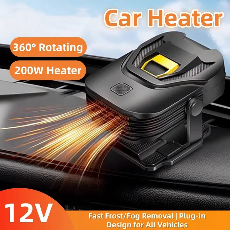 2 in 1 Car Heater and Defroster, 12V 200W with 360 Degree Swivel Mount, Plug In Windshield Defogger, Black or Yellow and Black