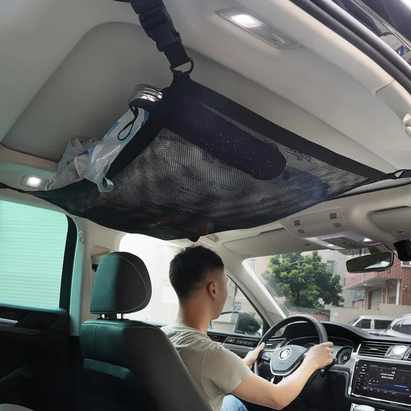 Car Ceiling Cargo Net Storage Bag for SUVs and Cars, Double Layer Mesh Organizer with Zipper and 4 Buckles, 31 x 22 Inch