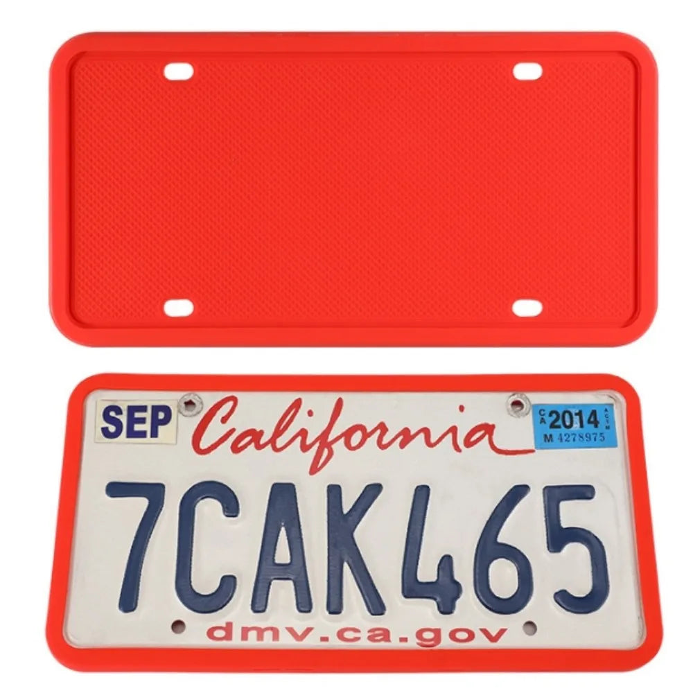 Red silicone license plate frame with a sample plate