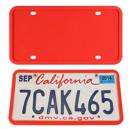 Red silicone license plate frame with a sample plate