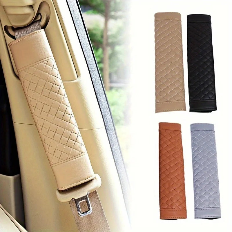 Embroidered Leather Seat Belt Shoulder Cover for Adults, Wear-Resistant with Anti-Slip Pads, Beige, Brown, Black or Gray