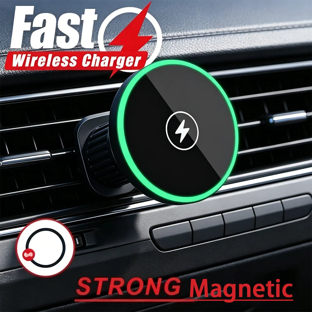 Magnetic Wireless Car Charger and Vent Mount with LED Light Ring, Fast Charging for iPhone 12 and Newer, With or Without Cable