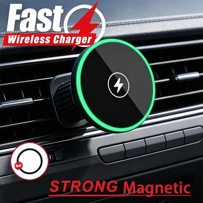 Magnetic Wireless Car Charger and Vent Mount with LED Light Ring, Fast Charging for iPhone 12 and Newer, With or Without Cable