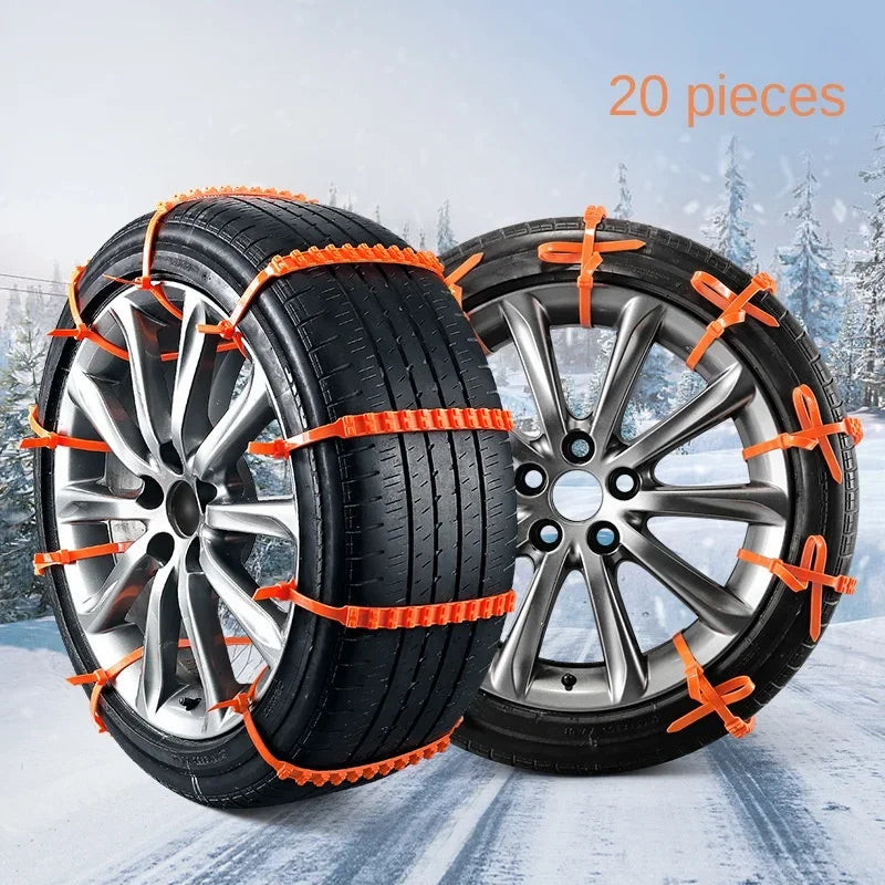 Snow chain ties installed around a wheel