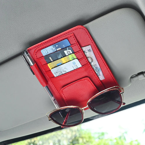 Multi-Pocket Car Visor Organizer — PU Leather Storage for Cards, Glasses & Sunshade