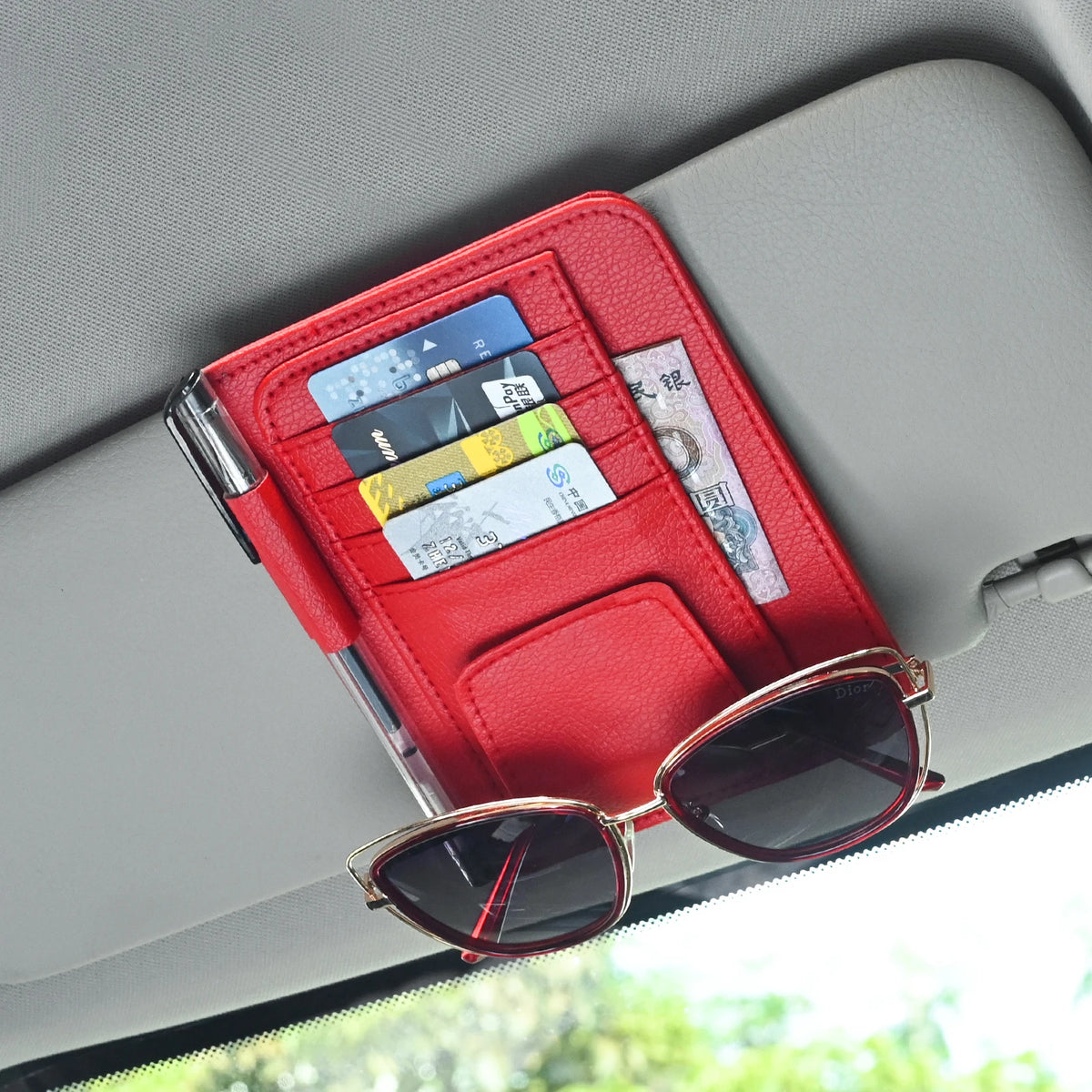 Multi-Pocket Car Visor Organizer — PU Leather Card & Glasses Storage