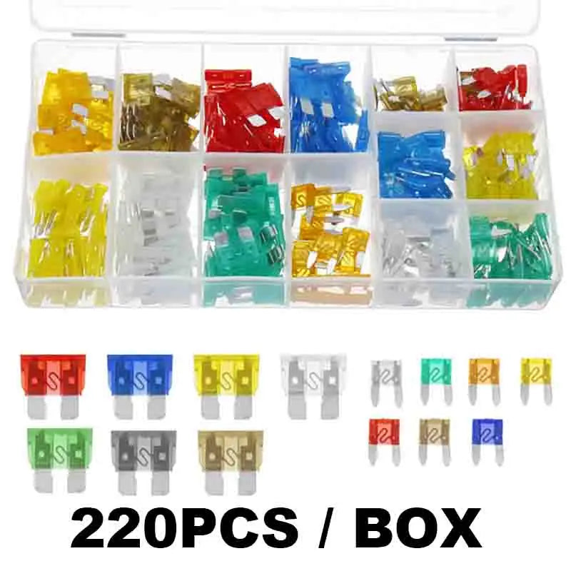 220-piece car blade fuse kit in a clear storage box