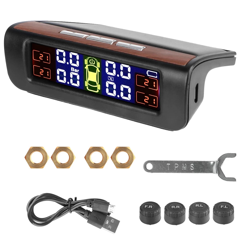 Solar Tire Pressure Monitoring System, Wireless TPMS with 4 External Sensors, Real-Time Pressure and Temperature, PSI or Bar, 15 Styles