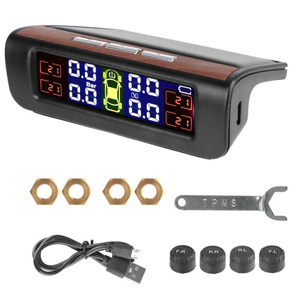 Solar Tire Pressure Monitoring System, Wireless TPMS with 4 External Sensors, Real-Time Pressure and Temperature, PSI or Bar, 15 Styles