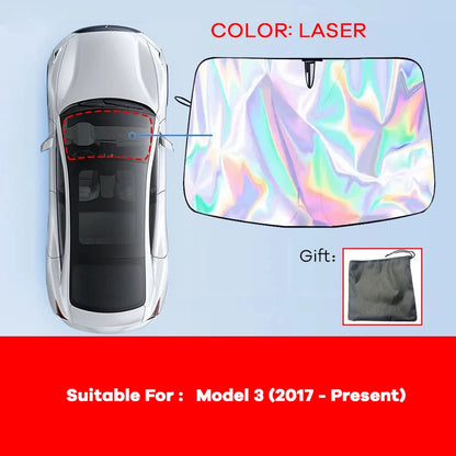 Windshield Sun Shade for Tesla Model 3 and Model Y, Highland and Juniper, 4-Layer Reflective Foldable Shade, Silver or Laser Finish