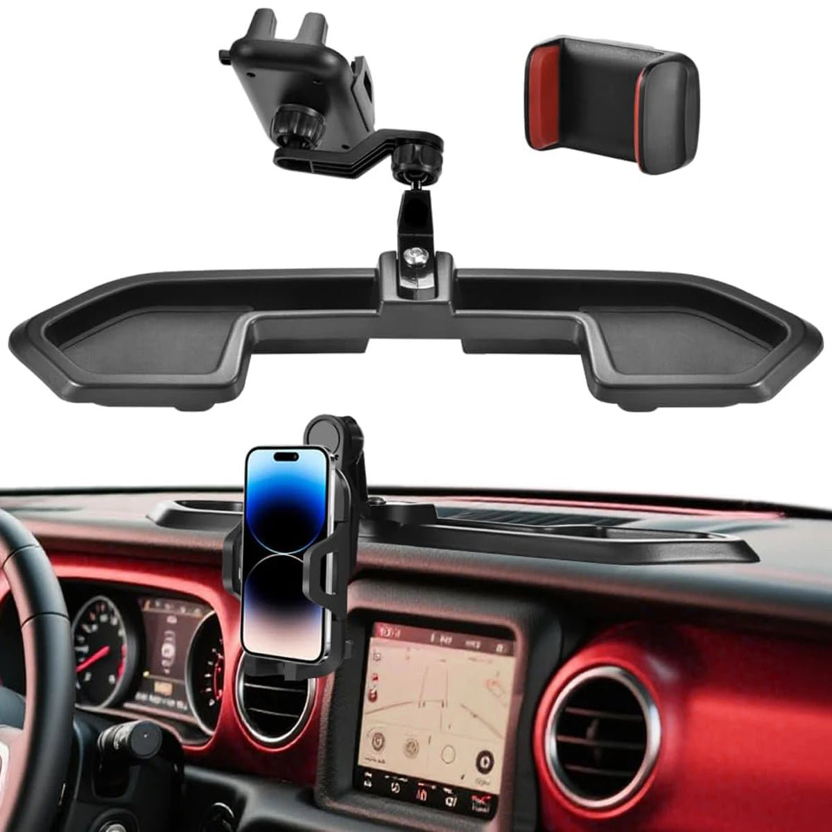 Dashboard Phone Mount for Jeep Wrangler 2021-2023 (JL), Replacement Dash Tray with Metal Support Rod and 360-Degree Phone Holder