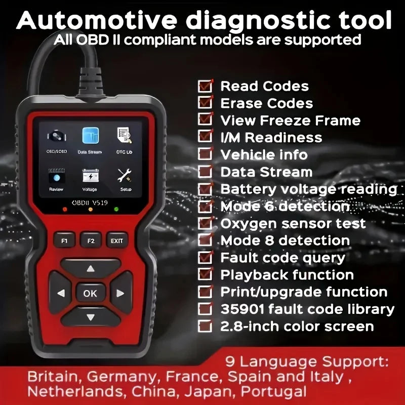 Automotive diagnostic tool functions and supported languages
