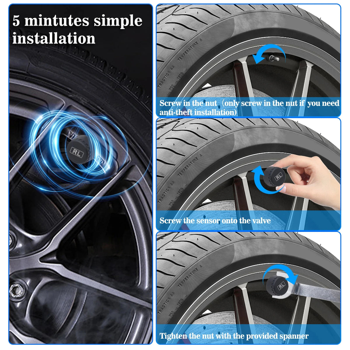 Solar Tire Pressure Monitor, Wireless TPMS with 4 External Sensors, Waterproof Sensors with Replaceable Batteries