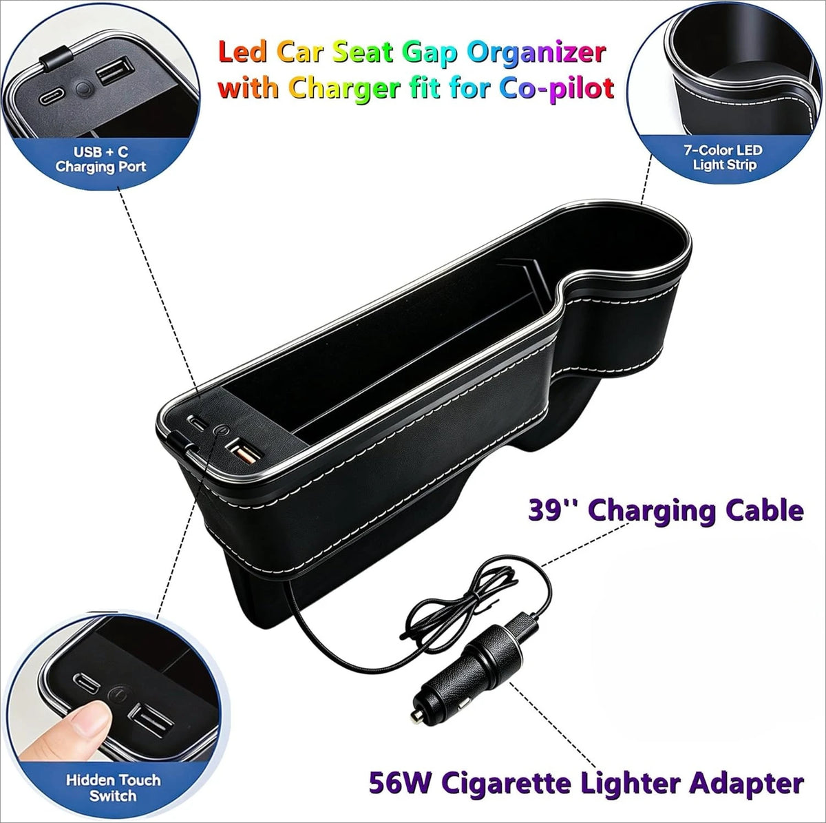 LED Car Seat Gap Filler with Fast Charger — 7-Color Ambient Light