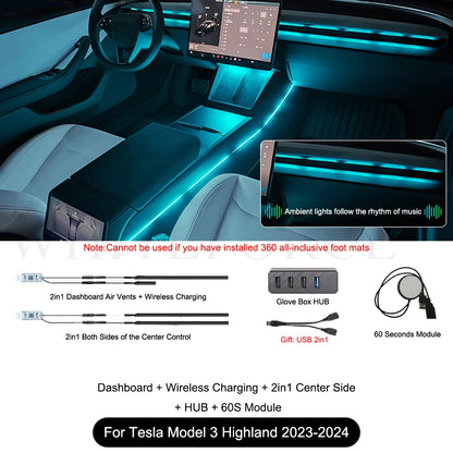 Seatback Ambient Light Kit for Tesla Model 3 Highland 2024 and Model Y Juniper, RGB LED Strips with Touchscreen Control, Plus Console and Dash Sets
