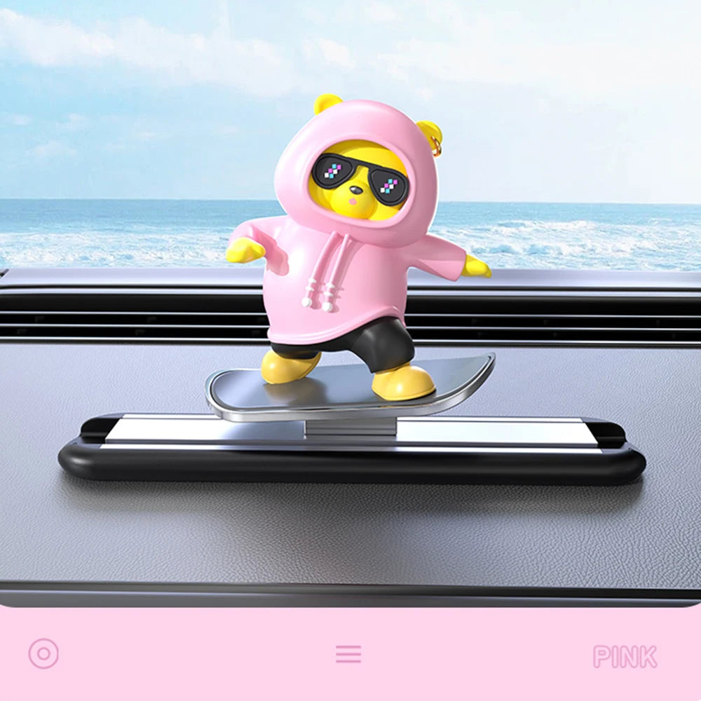 Skateboarding Bear Dashboard Ornament, Sliding Bear Car Decoration with Optional Magnetic Phone Number Plate, 5 Colors