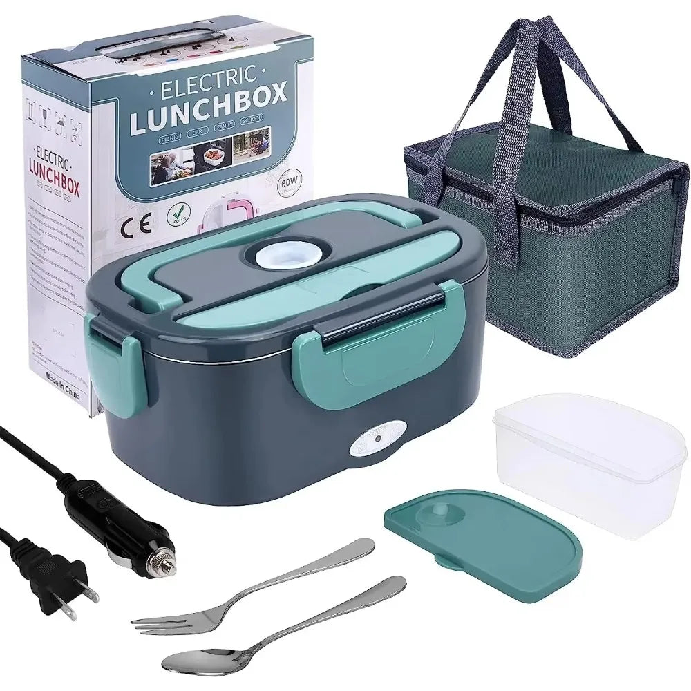 60W Electric Lunch Box for Car, Truck and Home, 1.5 L Heated Food Container with Stainless Steel Liner, Carry Bag, Fork and Spoon