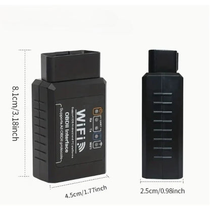 OBD2 adapter size, front and side views