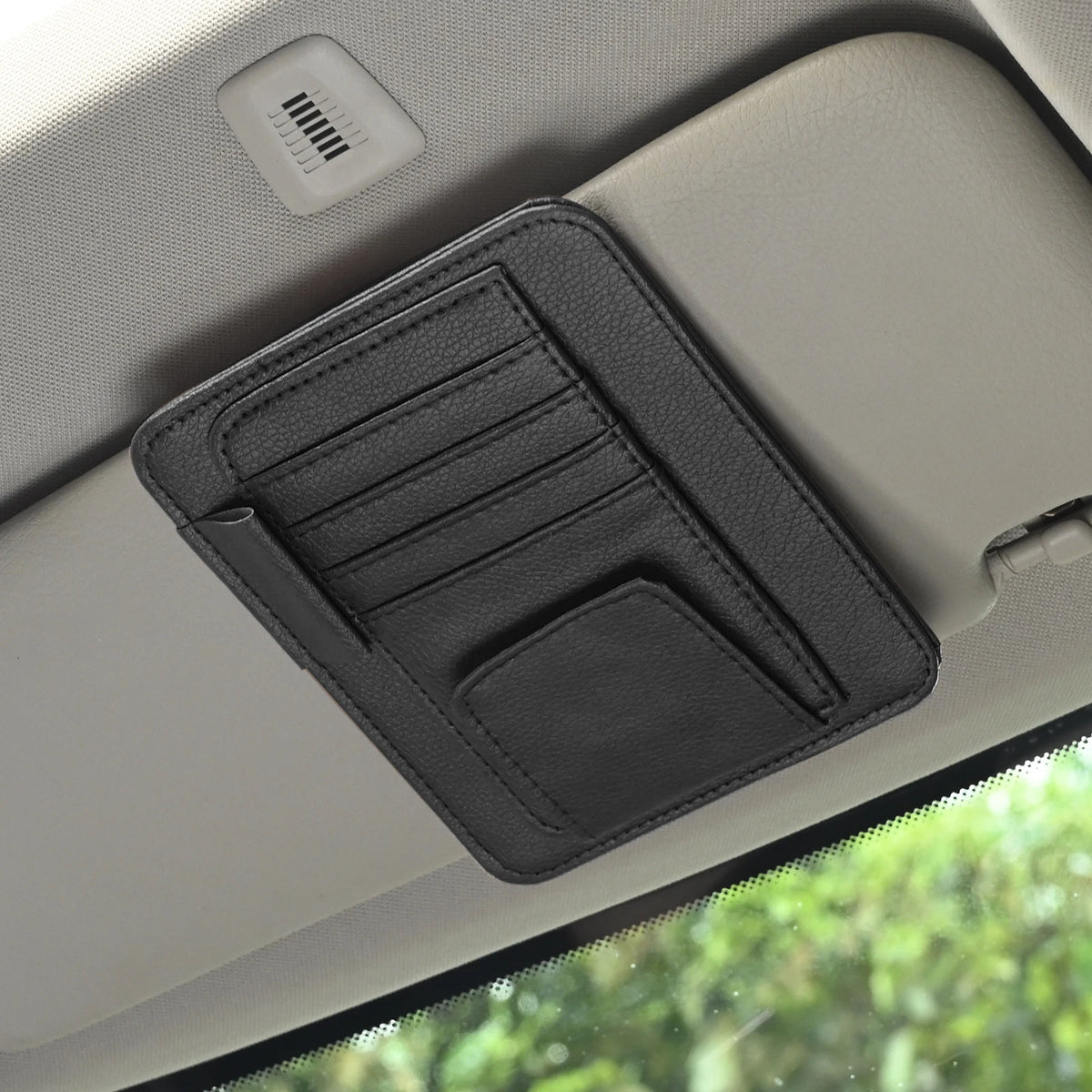 Multi-Pocket Car Visor Organizer — PU Leather Storage for Cards, Glasses & Sunshade