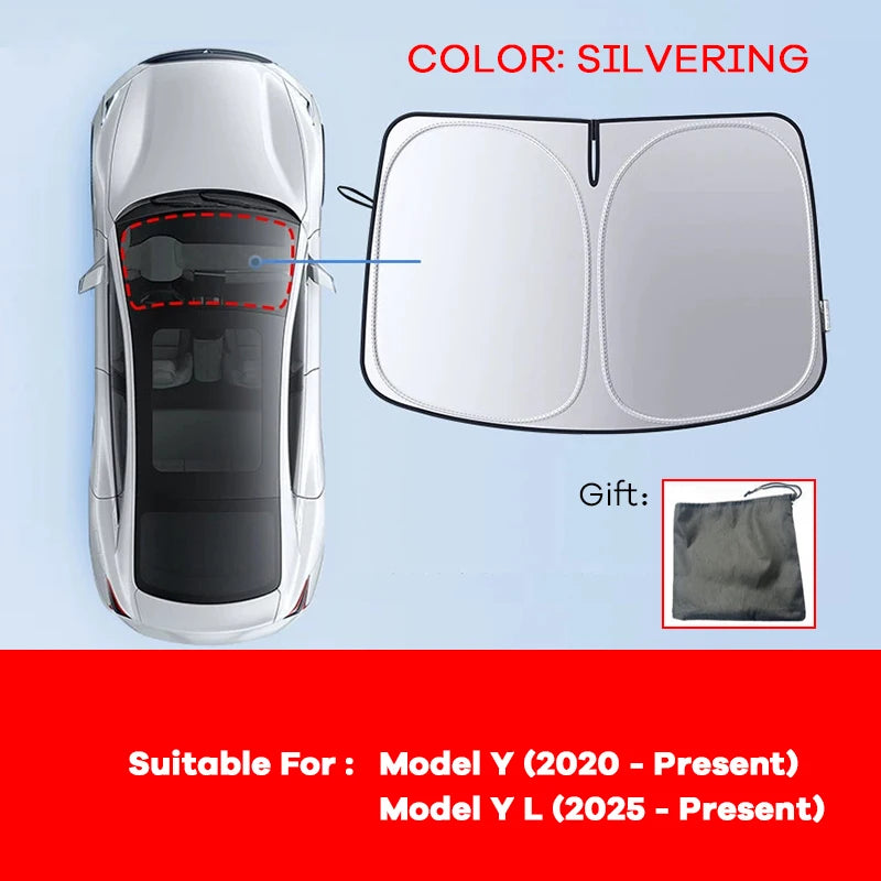 Windshield Sun Shade for Tesla Model 3 and Model Y, Highland and Juniper, 4-Layer Reflective Foldable Shade, Silver or Laser Finish