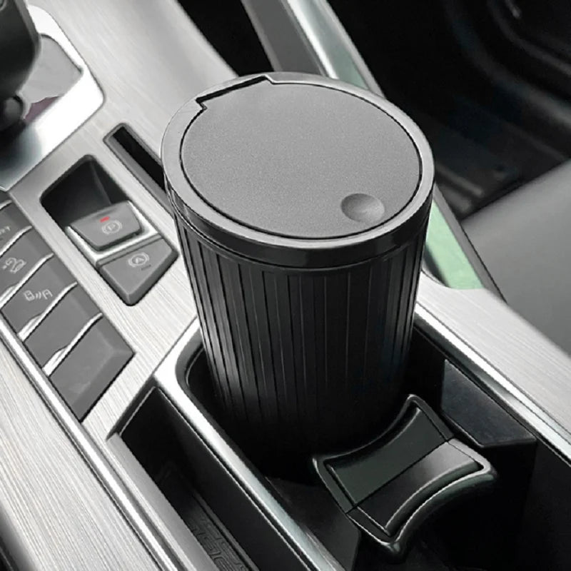 Mini Car Trash Can with Press Lid, Compact Round Plastic Garbage Bin for Car Interiors