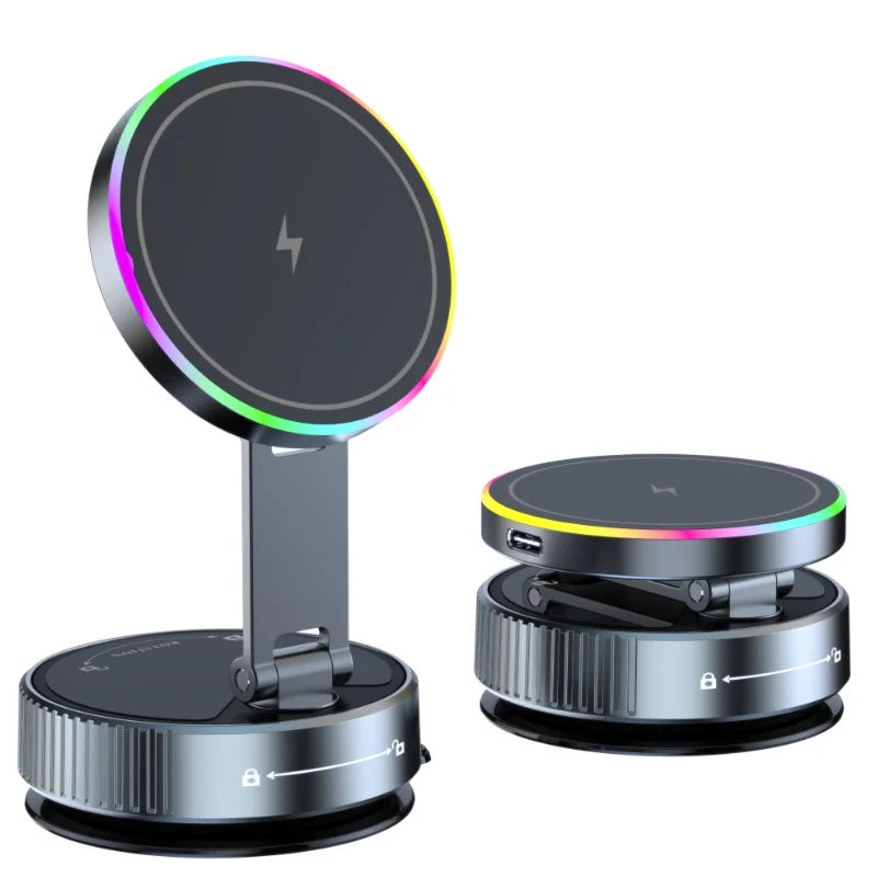 Magnetic Wireless Car Charger with Vacuum Suction Base, 15W Phone Mount with 360 Degree Rotation and RGB Light, 7 Models