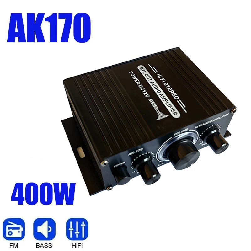 Black mini 2-channel stereo amplifier with volume, bass and treble knobs