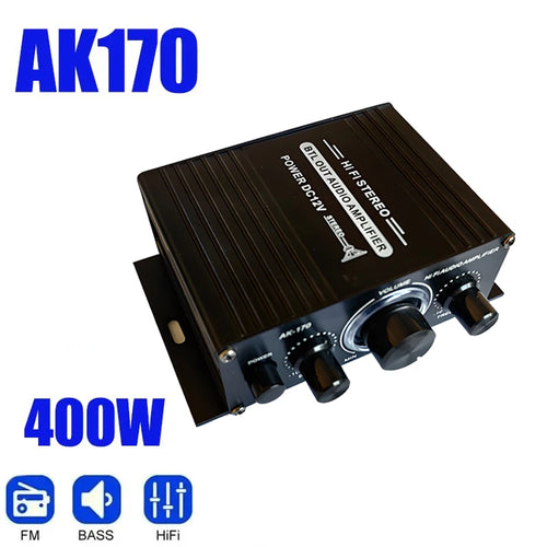 Black mini 2-channel stereo amplifier with volume, bass and treble knobs