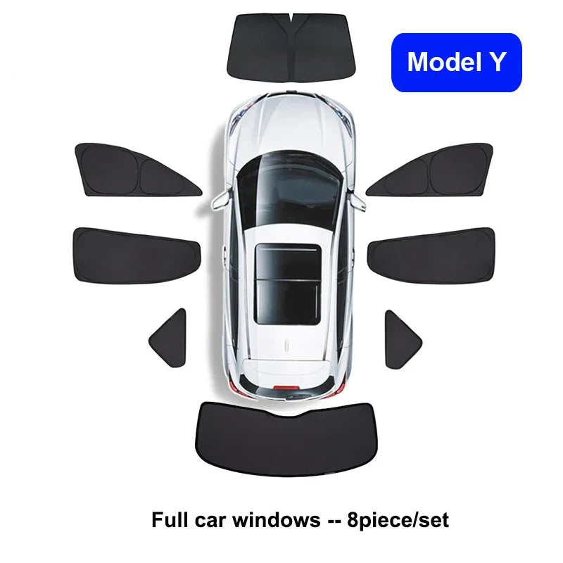 Privacy Sun Shades for Tesla Model Y 2021-2024 and Juniper 2025, Windshield, Rear and Side Window Shades, Single Pieces to 8-Piece Set