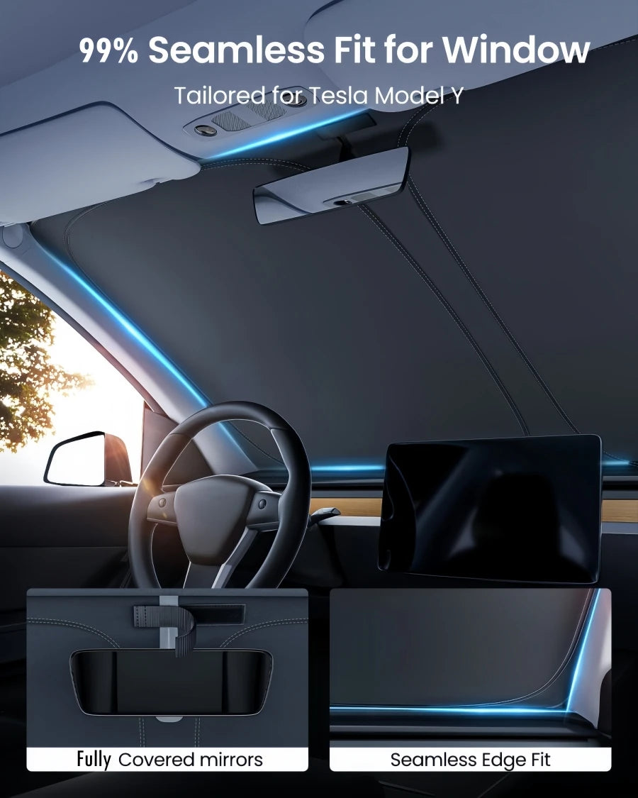 Windshield Sun Shade for Tesla Model Y 2020-2024 and Juniper 2025, Honeycomb Heat Insulation Layer, Foldable with Storage Bag