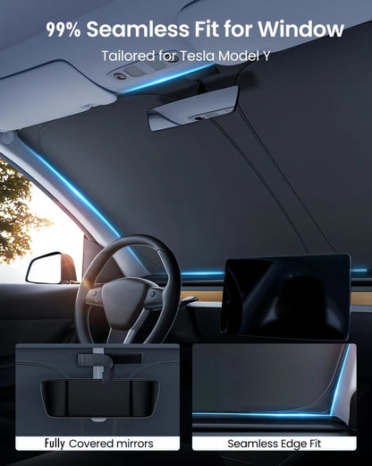 Windshield Sun Shade for Tesla Model Y 2020-2024 and Juniper 2025, Honeycomb Heat Insulation Layer, Foldable with Storage Bag