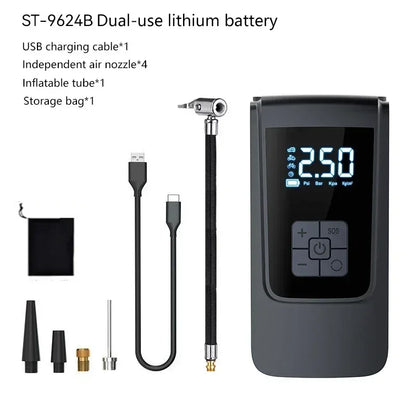 Cordless tire inflator with USB charging cable, air hose, 4 nozzle adapters and storage bag