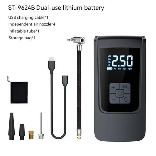 Cordless tire inflator with USB charging cable, air hose, 4 nozzle adapters and storage bag