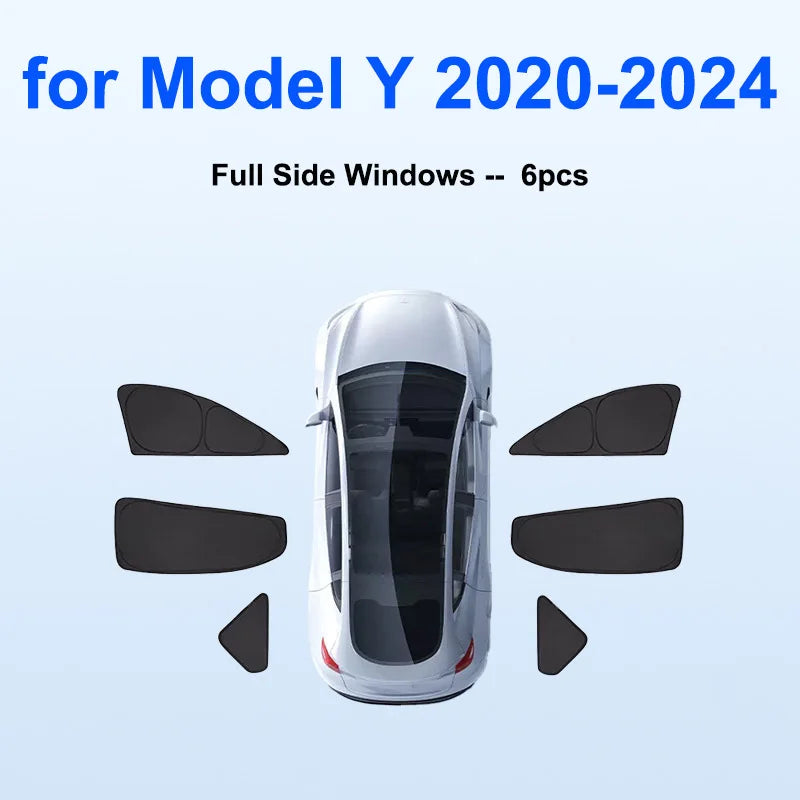 Blackout Sun Shades for Tesla Model Y 2020-2024 and Juniper 2025+, Windshield, Side Window and Full 8-Piece Privacy Sets