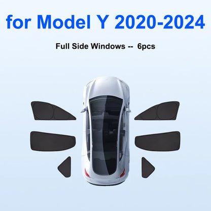 Blackout Sun Shades for Tesla Model Y 2020-2024 and Juniper 2025+, Windshield, Side Window and Full 8-Piece Privacy Sets