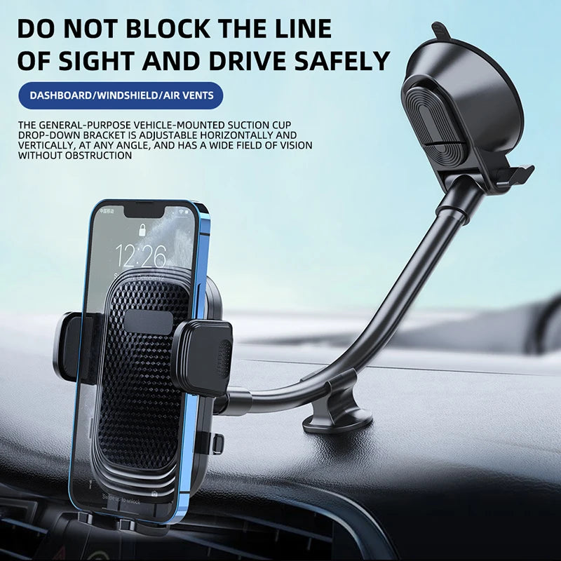 Long-arm phone mount on a windshield holding a phone for navigation