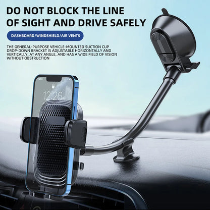 Long-arm phone mount on a windshield holding a phone for navigation