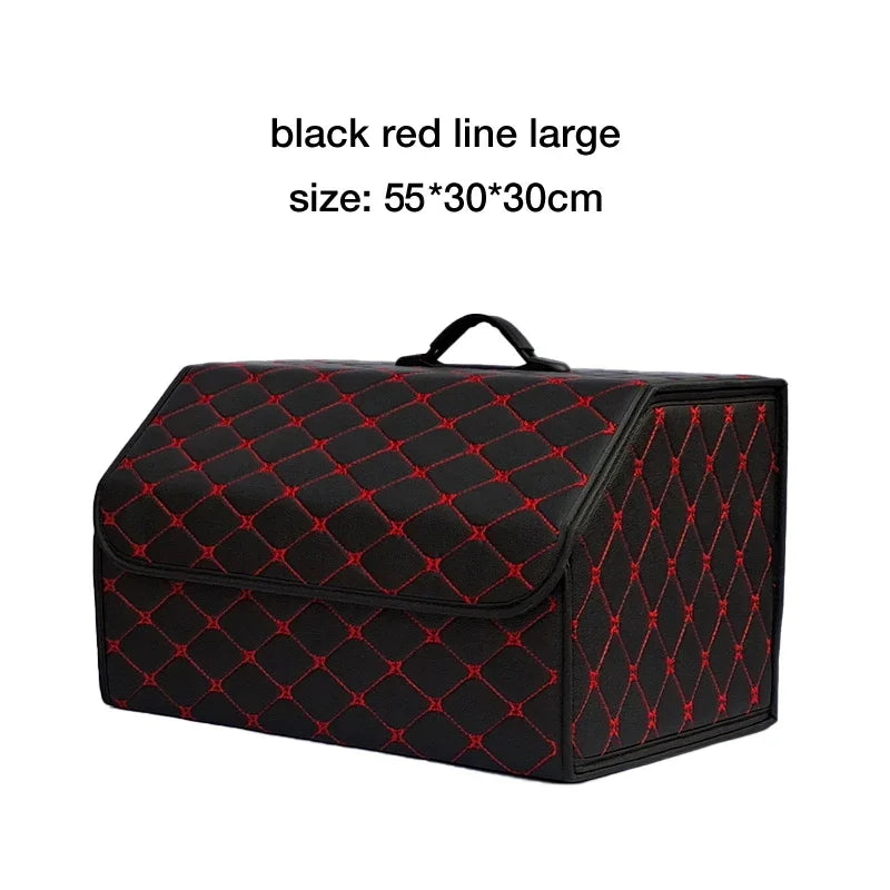 Black trunk organizer box with red diamond stitching, large