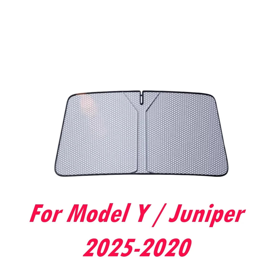 Windshield Sun Shade for Tesla Model Y 2020-2024 and Juniper 2025, Honeycomb Heat Insulation Layer, Foldable with Storage Bag