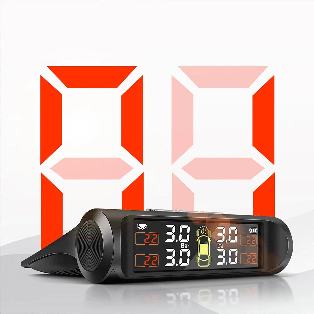 Solar Tire Pressure Monitor, Wireless TPMS with 4 External Sensors, Waterproof Sensors with Replaceable Batteries