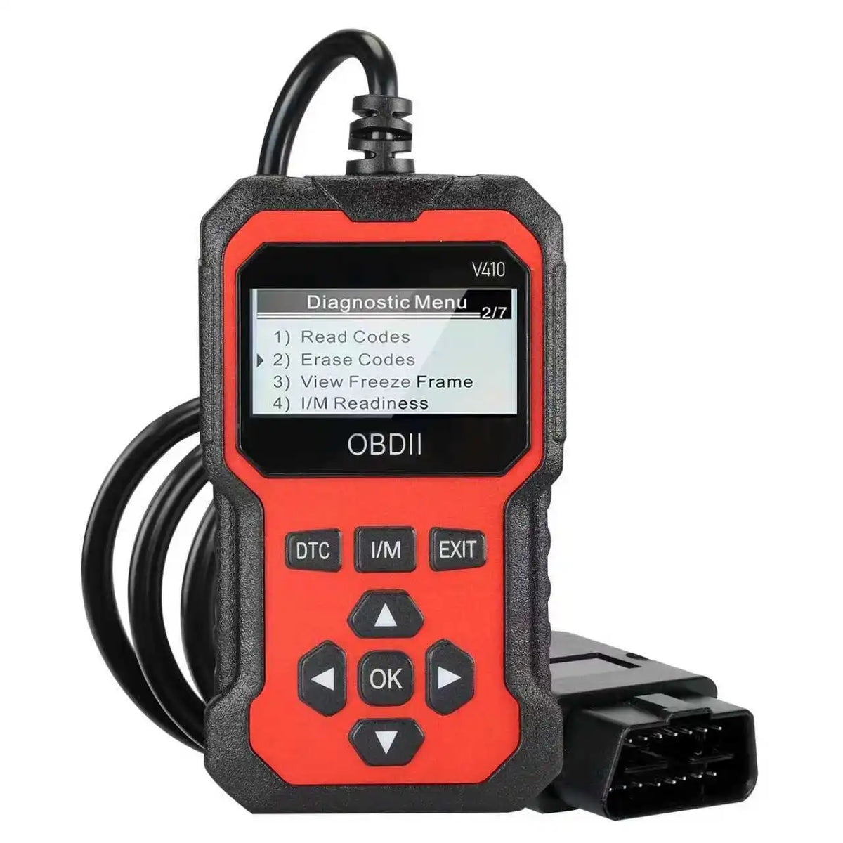 Red OBD2 scanner with LCD screen and OBD2 cable