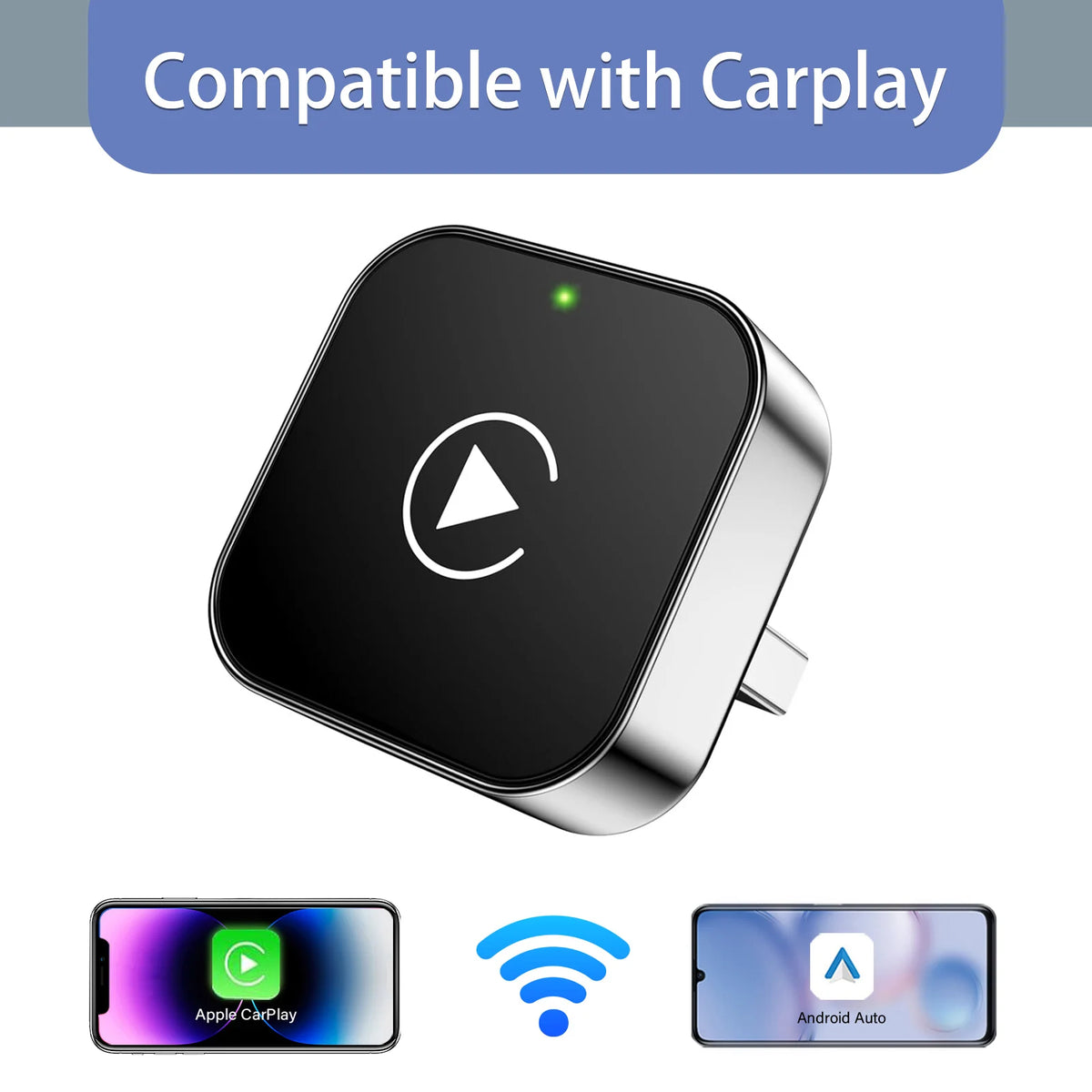 Square wireless CarPlay adapter with CarPlay and Android Auto screen icons